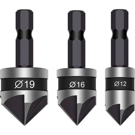 Lot de 3 forets coniques à tige hexagonale de 6,35 mm, 5 cannelures, centre à 90 degrés, 12 mm, 16 mm, 19 mm pour travail du bois, perceuse à bois, métaux doux (noir) (1/5)