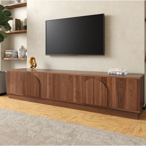 Mobile TV 180x40x44,5 cm con 4 ante a pressione, illuminazione a LED multicolore e vano contenitore chiuso, in MDF effetto noce. (1/5)