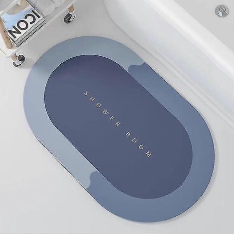 Tapis de sol super absorbant, idéal pour la salle de bain, la cuisine et la maison. Séchage rapide et antidérapant. Forme ovale bleue. (1/5)