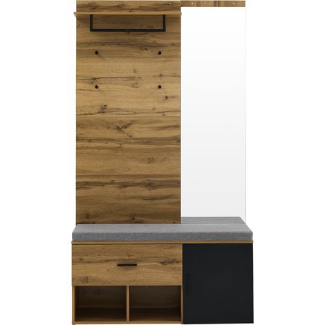 Flurgarderobe 190 cm in Holzoptik mit Spiegel, Schuhschrank, Bank und Kleiderstange (1/5)