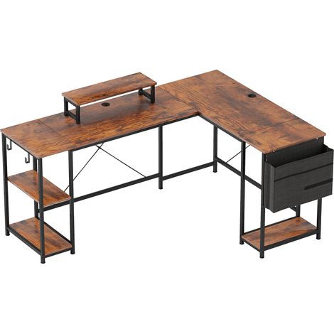 Bureau d'angle en L 168 x 120 cm avec rangement, support moniteur et sac latéral, brun rustique (1/5)