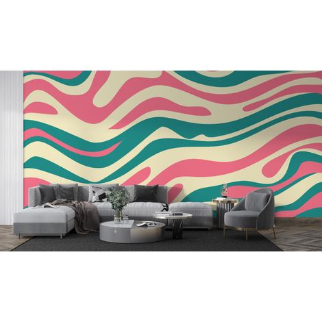 Papier peint rétro - lignes abstraites rose et vert - 150 x 250 cm (1/2)