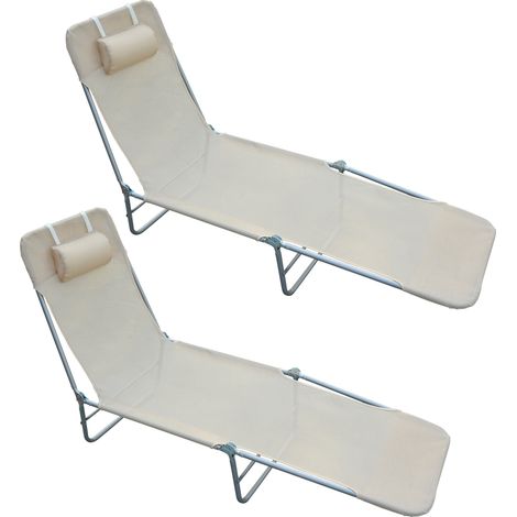 Set 2 Lettini Prendisole Pieghevoli con Schienale Reclinabile a 4 Livelli, Metallo e Tessuto a Rete, Beige