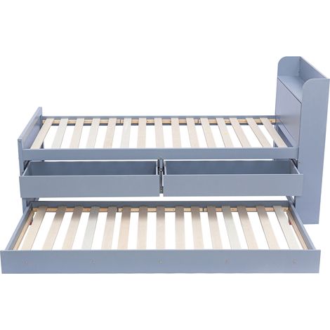 Lit simple en bois massif de pin 90x190, multifonction avec tiroir coulissant, sommier à lattes, table de chevet avec étagères et prise USB, lit jeunesse et lit d'appoint, gris (1/5)