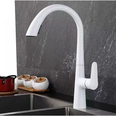 Mitigeur Cuisine avec Douchette,Robinet Cuisine Laiton,Mitigeur d'évier pivotant à 360°,Chaude et Froide Réglable de Mitigeur Lavabo,Eau D'évier De Cuisine,Blanc