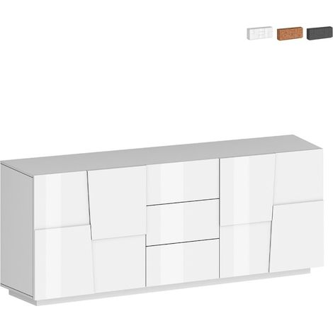 Moderne Wohnzimmerschrank Anrichte mit 3 Schubladen und 2 Türen, 220x44x86 cm, Margaux - Weiß glänzend