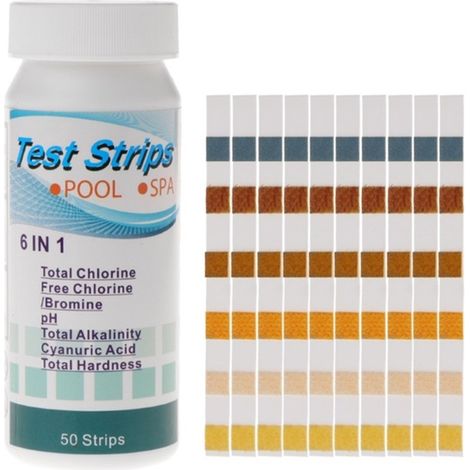 6-in-1 Wasserteststreifen, hochwertige Teststreifen für Schwimmbäder und Whirlpools, Gesamtchlor, Brom, Alkalinität, Cyanursäure und Härte