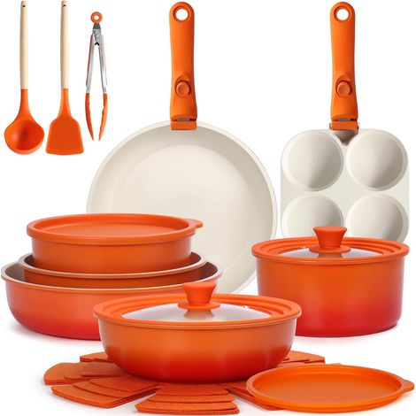 21 PièCes Batteries Cuisine avec Poignée Amovible, Granit Antiadhésive Poele Induction four Tous Feux Lot, Lave-vaisselle et Four, Lot Casserole Empilable pour Camping Car, Non Toxique, Orange (1/5)