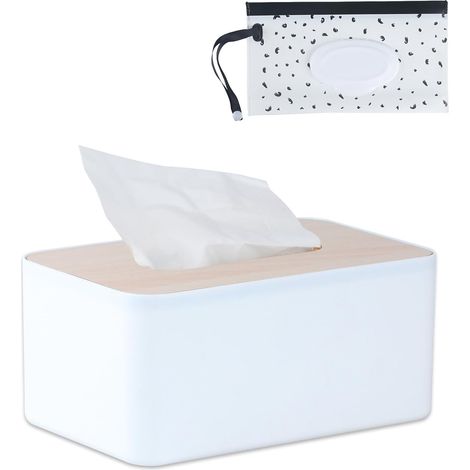Caja combinada para pañuelos de papel y toallitas húmedas – plástico con tapa de madera, para usar en el baño, el dormitorio o la oficina, color blanco.