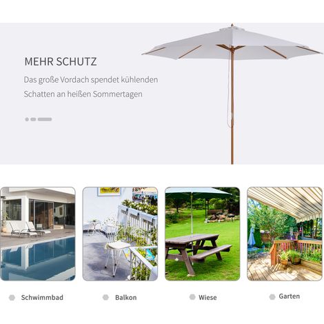 Parasol Outsunny Ø 300 cm, ombrage UV, store en bois robuste pour balcon, plage, terrasse et jardin, blanc (1/4)
