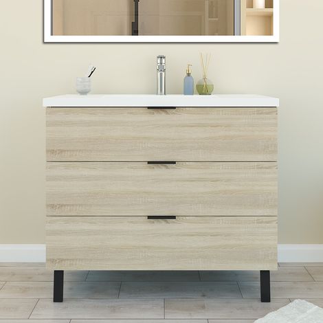 Meuble de Salle de Bain 100cm avec 3 tiroirs + 2 Pieds, Meuble simple vasque, Chêne (1/5)