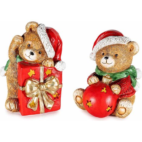 Orsetti natalizi in resina con pallina e pacchetto di Natale, cappello e luci LED, set da 2 pezzi, cm 10,5 x 11 x 16,5 H
