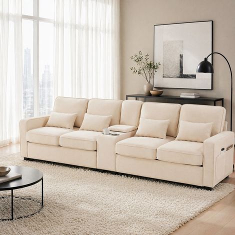 Canapé 4 places en tissu beige 290 x 83 x 88 cm avec console, 2 porte-gobelets, USB, rangements et 4 coussins lombaires – de FLORAGRACE, idéal pour salon (1/5)