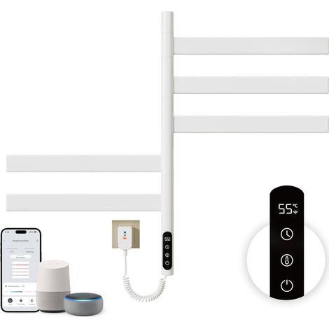 Scaldasalviette elettrico 675 × 450 mm, radiatore da bagno con rotazione di 180°, termostato WiFi intelligente, scaldasalviette elettrico per bagno, funziona con Alexa e Google Home e app, bianco (1/5)