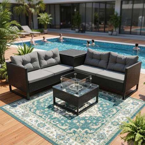 BIRCHTREE 4-Seater Rattan Furniture Set with Fire Pit Table and Side Storage Box Black