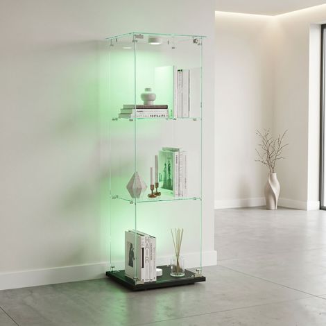 Vetrina in vetro con lampada - Vetrina moderna autoportante in vetro temperato trasparente a 3 ripiani con anta - Vetrine da collezione - Bianca (1/4)