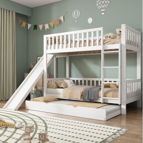 Lit superposé enfant 250/172/170,5 cm blanc en pin et MDF avec lit gigogne, toboggan et étagères (1/5)