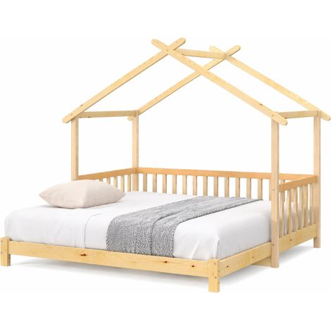 Lit cabane extensible enfant 1 à 2 places en bois de pin, avec barrière 3 côtés et structure maison, 200 x 90 / 200 x 180 cm - CHICFURN (1/5)