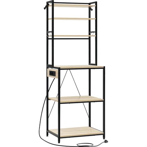 Etagère de Cuisine avec Prises, Meuble de Rangement en Métal et Mélaminé 60x40x167 cm Noir et Chêne Clair (1/5)