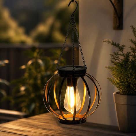 Lanterne Solaire Extérieur Fer Forgé Rétro Ø15cm H35cm Suspension ou Pose LED Ambiance Jardin Terrasse Cour Noir (1/4)