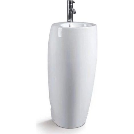 Rue Du Bain – Lave main totem rond céramique blanc 39x85 cm – Vasque avec trop plein – Installation au sol – Design moderne pour salle de bain