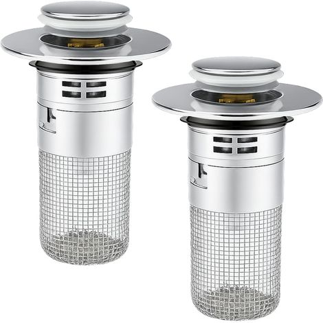 2PCS Bouchon de lavabo INOX de Bain Pop Up Universel, Bouchon Évier Salle de Bain avec Filtre Lavabo Salle de Bain, Bouchon Lavabo Poussoir avec Filtre de Vidange pour Lavabo Salle 34–40 mm