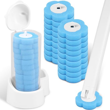 Kit de brosse WC jetable 4 pièces avec manche allongé et support - Kit de brosse WC avec 18 recharges nettoyantes, éponge - Brosses de toilette pour nettoyage de salle de bain, lavabo, baignoire (1/5)