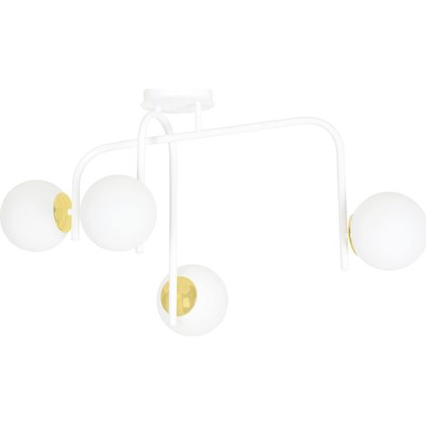 Lampadario 4 Luci Kalf In Acciaio Bianco A Bracci E Sfere In Vetro Opalino E Oro (1/5)