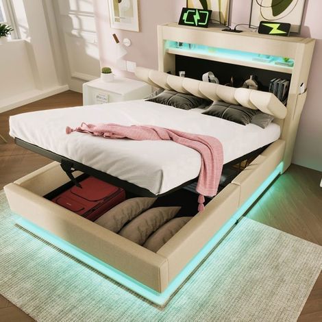 Lit coffre - SOGEU - 90x200cm - Lin beige - LED RGB & Ports USB/Type-C - Sommier coffre hydraulique (1/5)