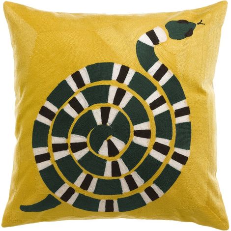 Coussin Décoratif Brodé en Coton Naturel Motif Serpent Style Ethnique pour Salon 45 x 45 cm - PANGIVO