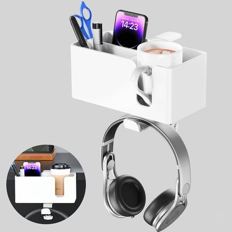 Porte-gobelet de bureau 4 en 1 avec crochet pour casque et porte-stylo - blanc - fixation amovible, idéal pour les bureaux et les bateaux (1/5)