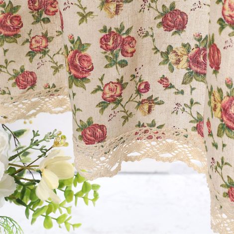 Rideau Court en Coton et Lin de Style Rustique de 61 cm de Long - Cantonnière en Dentelle Florale pour Cuisine, Salle de Bain, 1 Panneau, Roses Fleuries sur Beige (1/5)