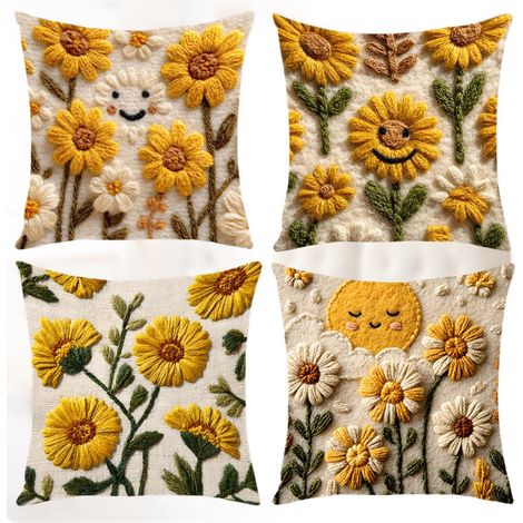 4 taies d'oreiller brodées à motifs de tournesols, décoration simple pour salon, chambre ou canapé. (1/5)