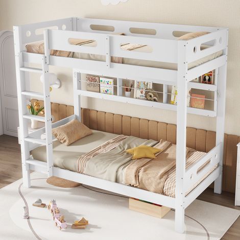 Lit superposé, lit bébé avec barrière de sécurité, étagère ouverte, échelle à cinq marches, nombreux rangements, pin + MDF, blanc, 90 x 200 cm (1/5)