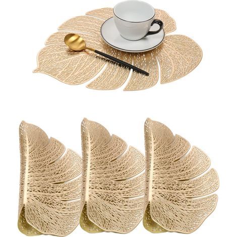 Lot de 4 sets de table décoratifs en forme de feuille de tortue, sets de table en PVC, sets de table ajourés, résistants à la chaleur et antidérapants (dorés) (1/5)