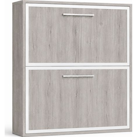 Lit escamotable horizontal superposé MELINA - Cadre métallique blanc Sans matelas Chêne gris-90x200-Cadre Chêne gris-Façade Chêne gris (1/5)