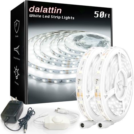 Bande LED blanche de 15 m (50 pi) à intensité variable, lumineuse, 24 V, blanc lumière du jour 6500 K, 900 LED, pour chambre, miroir, cuisine, adhésif puissant (2 rouleaux de 7,6 m [25 pi]) (1/5)