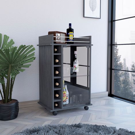 Tuhome Concept – Chariot de bar avec roues – Dimensions 89 cm H x 55 cm L x 41,5 cm P – Bois mélaminé chêne fumé – Rangement à 2 niveaux pour bouteilles (1/4)
