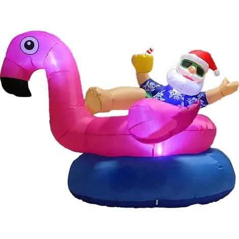Décoration de Noël gonflable Père Noël avec flamant rose et bouée, 2,4 m, Pour jardin et pelouse