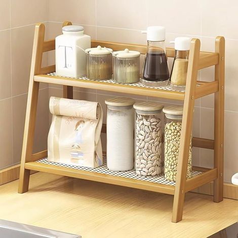 Ecleanfy - Étagère de rangement de cuisine, étagère à épices double couche en bambou, extérieur en rotin, étagère de cuisine sur pied. (1/5)