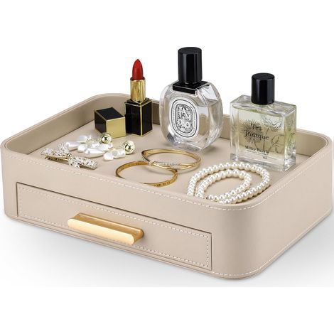 Plateau Vide Poche,Boîte a Bijoux avec Tiroir en Cuir Plateau de Chevet Plateau decoratif Boîte de Rangement de Bureau pour Clés,Montres,Bijoux,Argent,Beauté,Boutons de Manchette(Beige) (1/5)