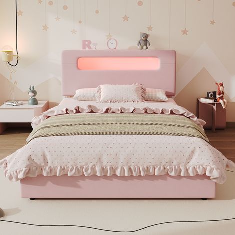 Kinderbett 140x200 cm rosa Samt, 4 Schubladen & LED, platzsparend, ohne Matratze – MEUBLIV (1/5)