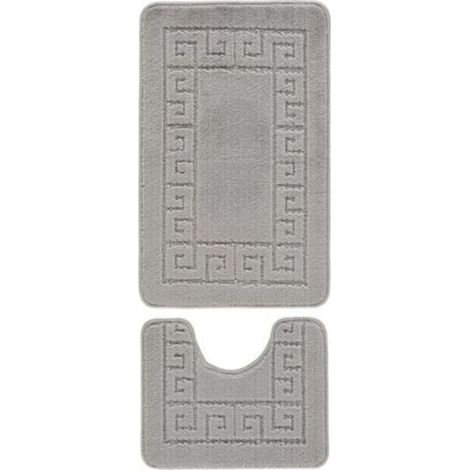 Ensemble de 2 tapis de bain antidérapants à motif de clé grecque, tapis doux et lavable, tapis de douche absorbant à séchage rapide et piédestal (anthracite) (1/4)