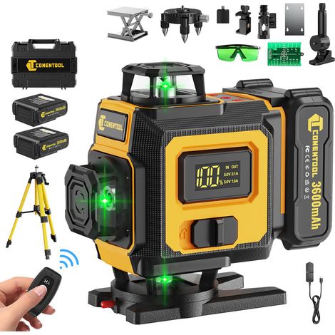 CONENTOOL - Niveau Laser Auto-Nivelant Écran LCD - 16 Line Ligne Laser Verte 360° Horizontal et Verticale - Avce Trépied de niveau 100 cm - 3600mAh batterie (1/5)