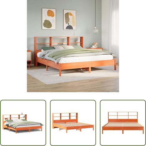vidaXL Rangement chambre - Lit bibliothèque sans matelas cire marron 200x200 cm pin massif (1/5)
