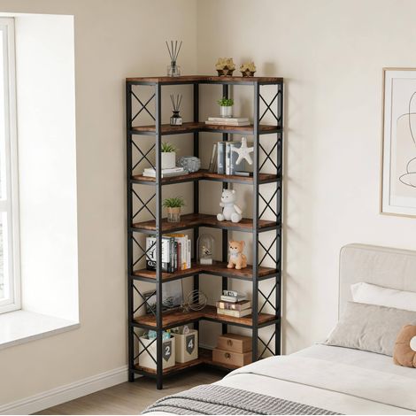 Libreria angolare nera e marrone rustico in metallo e legno con 14 vani aperti e struttura a X (1/4)