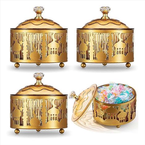 Goldene Ramadan-Servierplatte mit Deckel – 4er-Set Eid Mubarak Metall-Servierplatten zur Dekoration und zum Servieren (1/5)