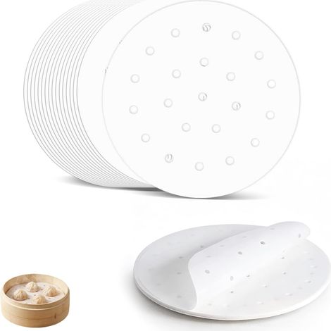 Lot de 100 feuilles de papier perforé en bambou pour cuisson à la vapeur - Papier Cuisson Rond Sulfurisé, Feuilles Sulfurisé Ronde pour Légumes Riz Dim Sum et Friteuse Air Chaud (20cm,100pcs) (1/5)