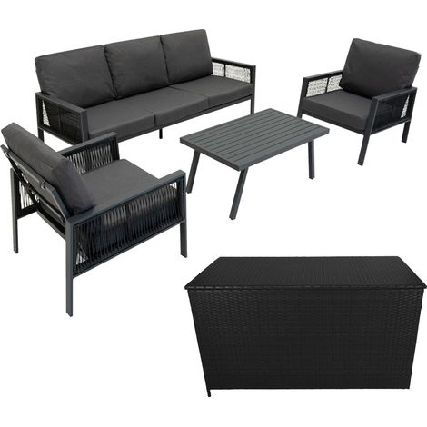 Set Mobili da Giardino 4 Pz in Alluminio Grigio Antracite con Cassapanca 582L in Rattan Nera da Esterno – Divano 3 Posti, 2 Poltrone, Tavolino, Cuscini, Copertura Impermeabile, Borsa Inclusa (1/5)
