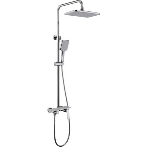 HOME DELUXE - Duscharmatur mit Ablage - ICONIC - Farbe: Weiße Marmoroptik - Höhe: 120 cm, inkl. Handbrause I Duschbrause Regendusche Designarmatur Duschsystem Duscharmatur-Mit-Ablage Duscharmatur Arm
